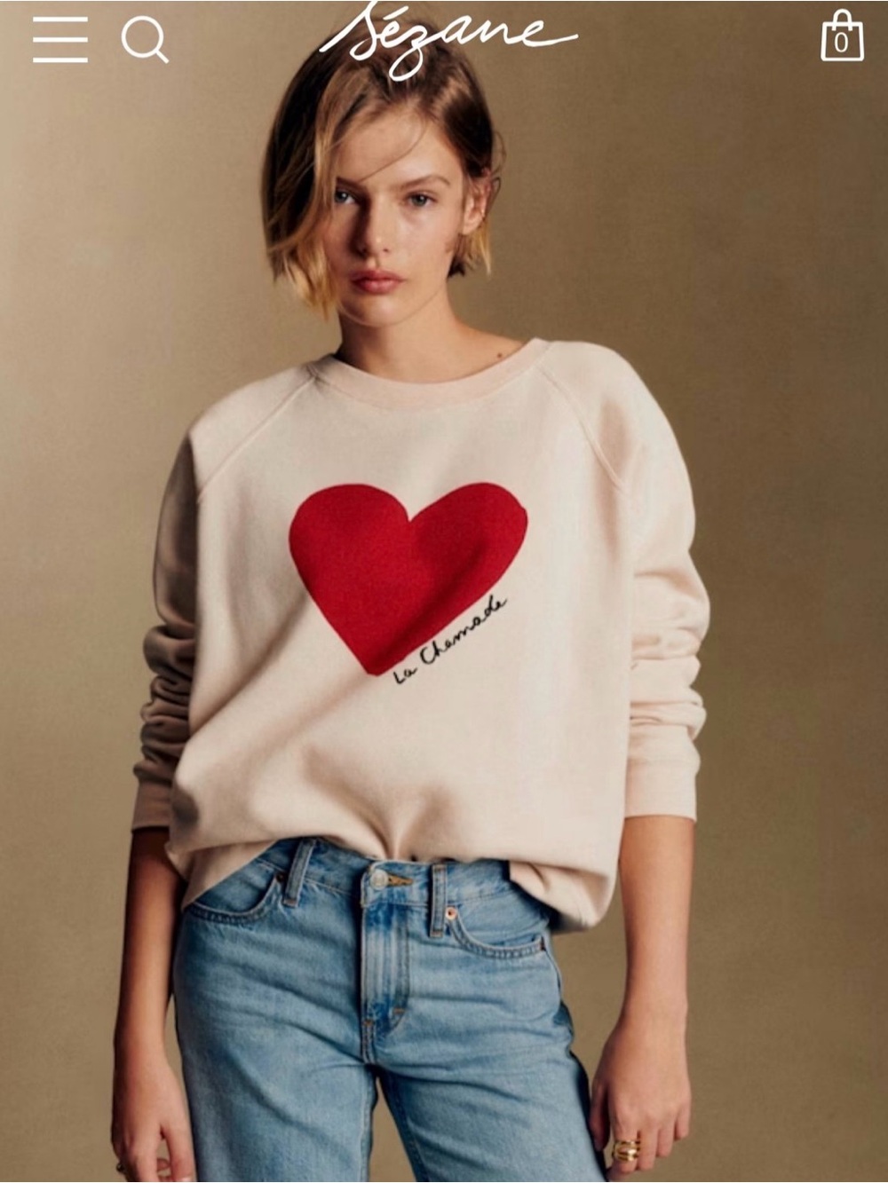 Sezane Cream Crewneck Sweatshirt with Red Heart